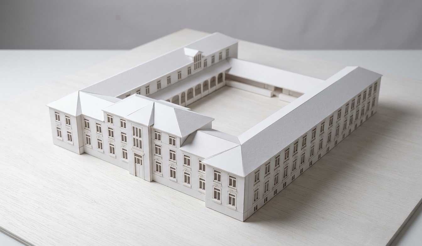 Maquette d'étude, cour intérieure et galerie arcadée